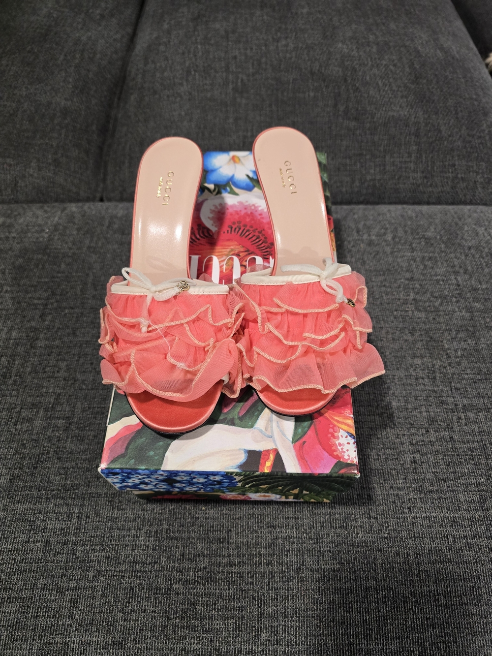 Gucci Pink Ruffled Slide Sandals
